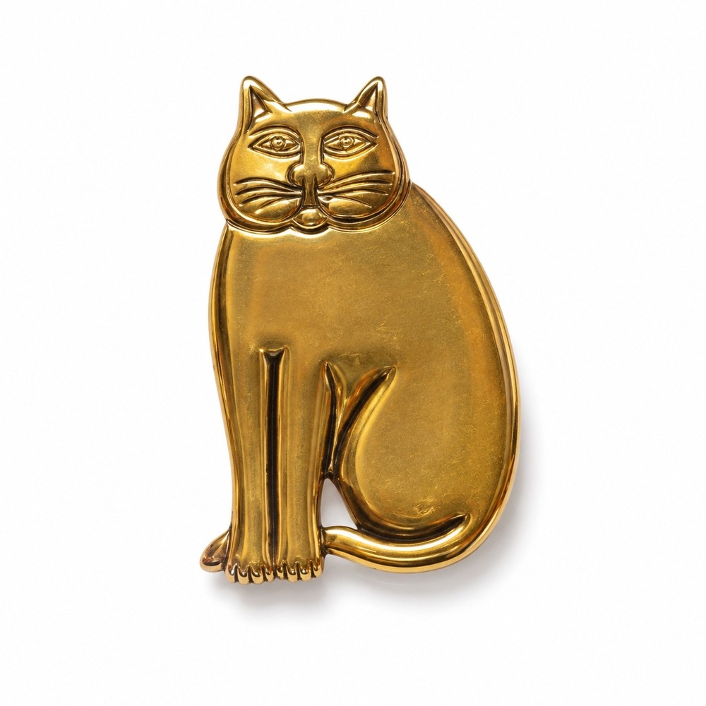 Laurel Burch Vintage Gold Tone Sitting Cat Brooch Signed Whimsical Feline Pin